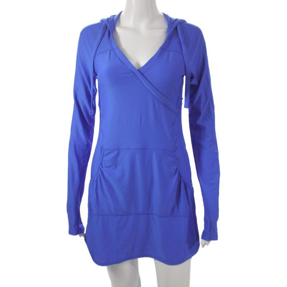 Athleta Women Pullover Hoodie Dress Blue V-Neck Long Sleeve Size 2XS